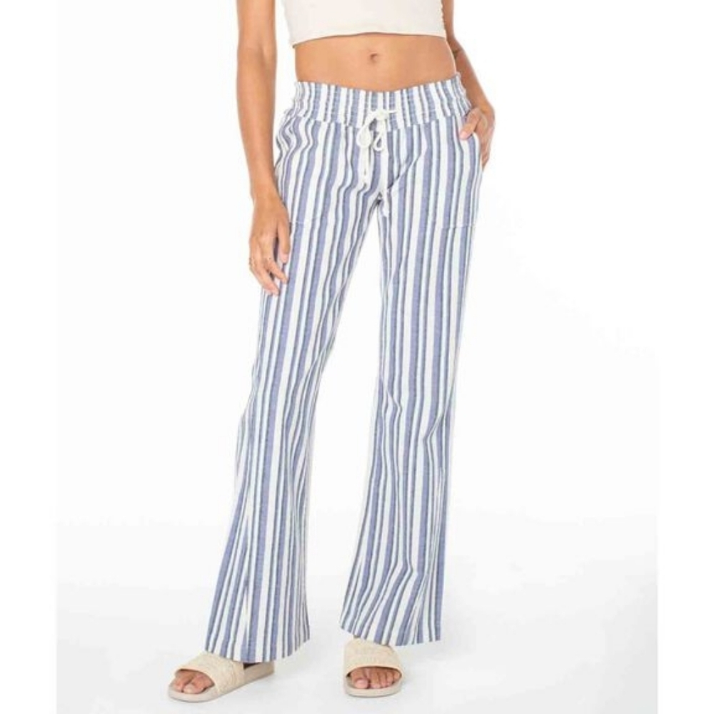 Roxy Oceanside Cotton Linen Stripe Pants in Blue White Size XS New With Tags